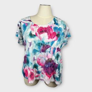 Laura Ashley 2X White Bold Colorful Pastel Floral Mesh Short Sleeve Top Boho